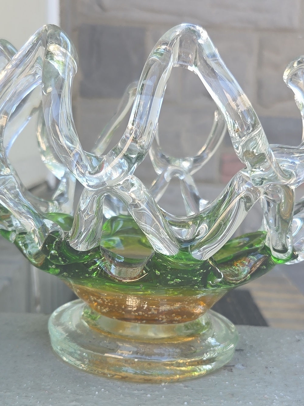 Vintage Green and Clear Handblown Glass Centerpiece Bowl